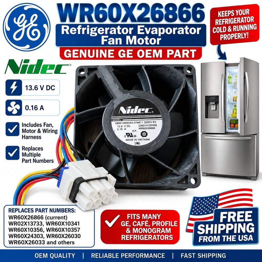 GE WR60X26866 OEM Refrigerator Evaporator Fan Motor. 239D1412P006